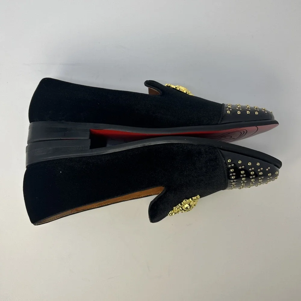 ELANROMAN Men's Velvet Loafers Black Gold Crest Studded Toe Size 13 EU 47 NWB